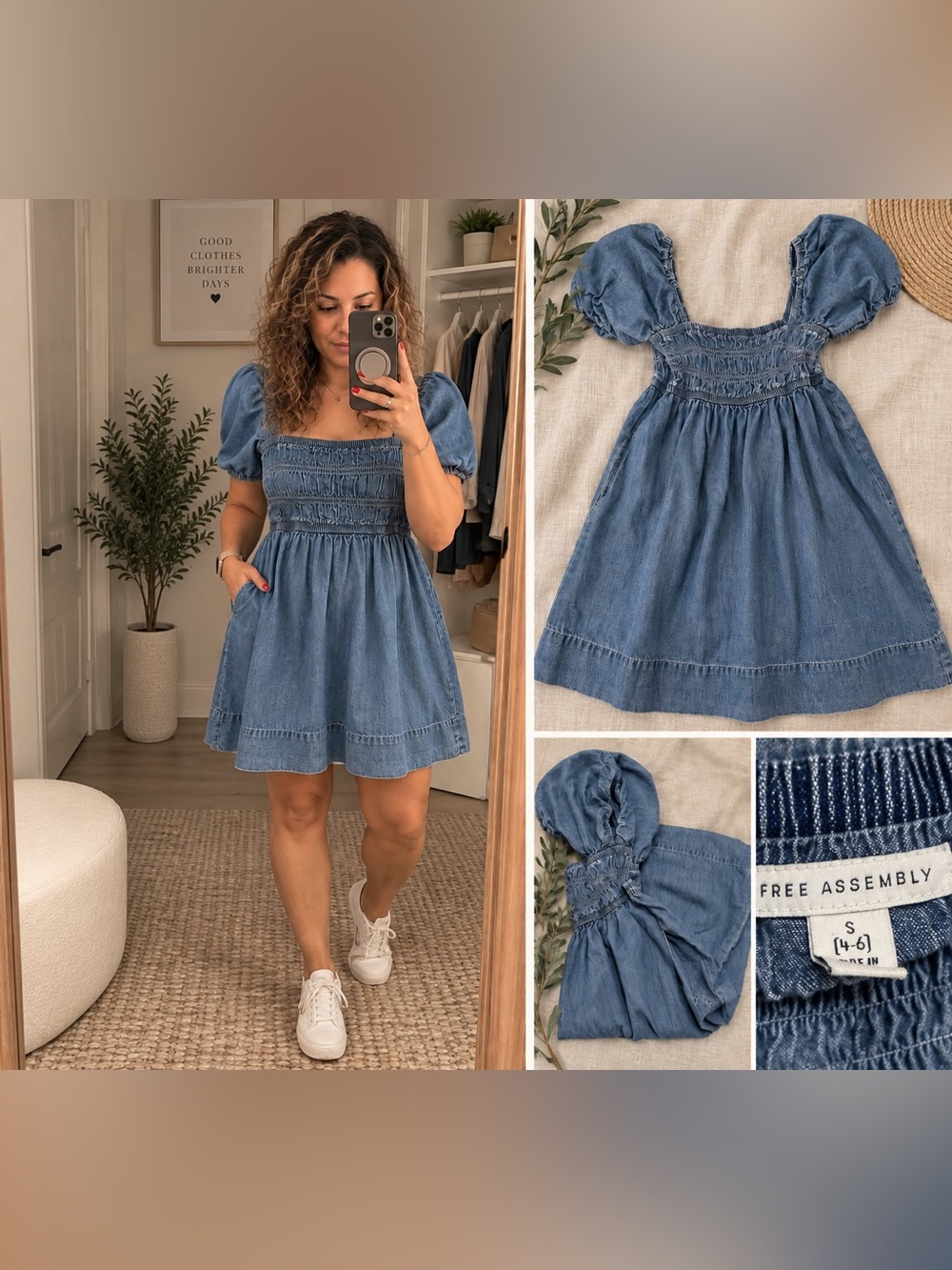 Free Assembly Blue Smocked Puff-Sleeve Denim Mini Dress